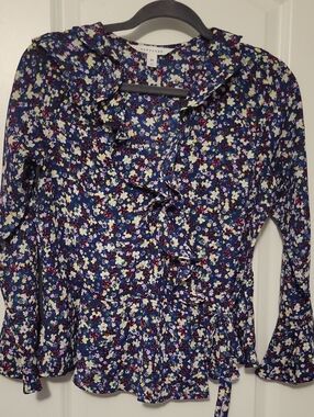 POPSUGAR Navy Floral Ruffle Wrap Blouse